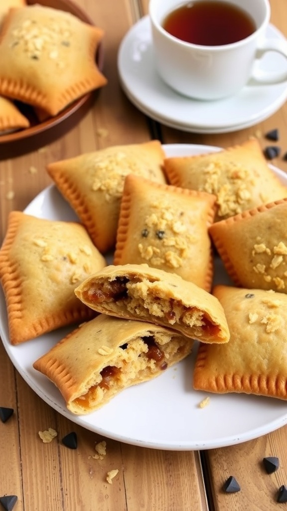 Golden brown oatmeal cookie hand pies on a plate, some cut in half to show filling, with a cup of tea in the background.
